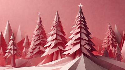 The primary subject of the image is a group of three pink paper trees. The setting is a snowy landscape, with the trees standing out against the white snow. The visual style is a combination of digital art and illustration, creating a unique and eye-catching scene. The colors and mood of the image are predominantly pink, giving it a warm and festive atmosphere.